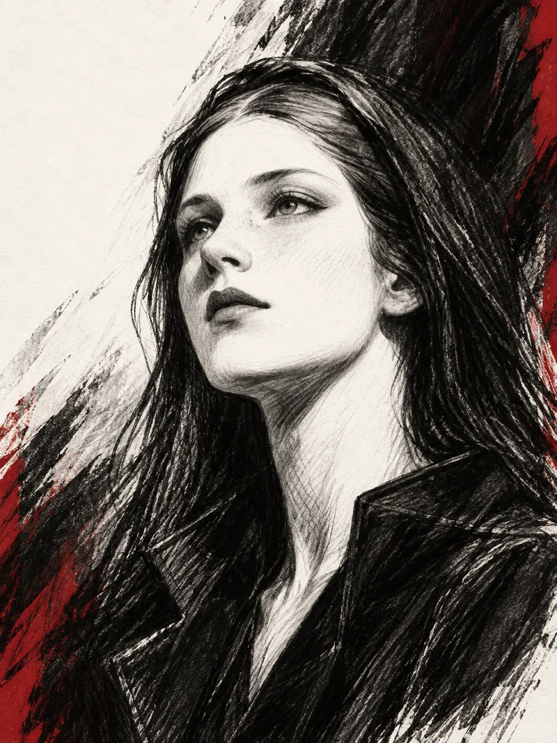 Illustrated charcoal portrait of Licentia looking toward the light