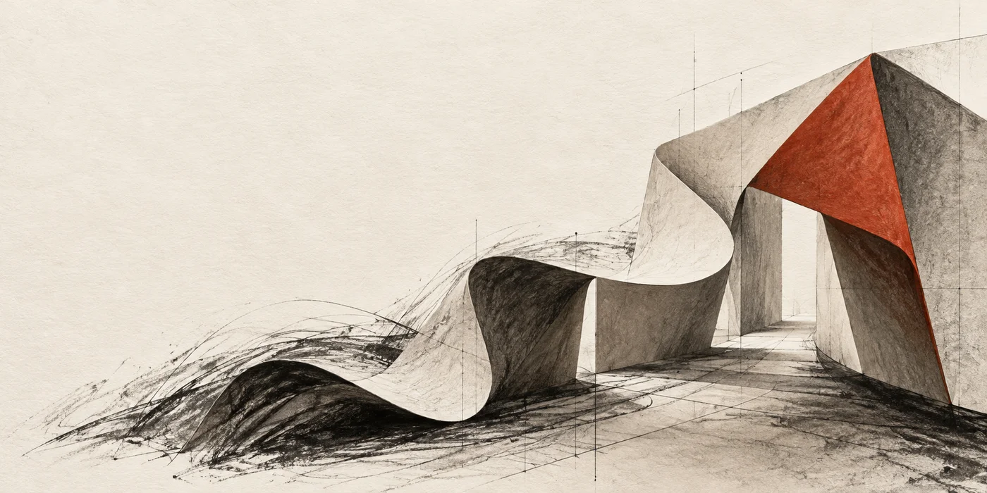 Charcoal marks become a folded paper structure in vermilion and white, an idea taking form