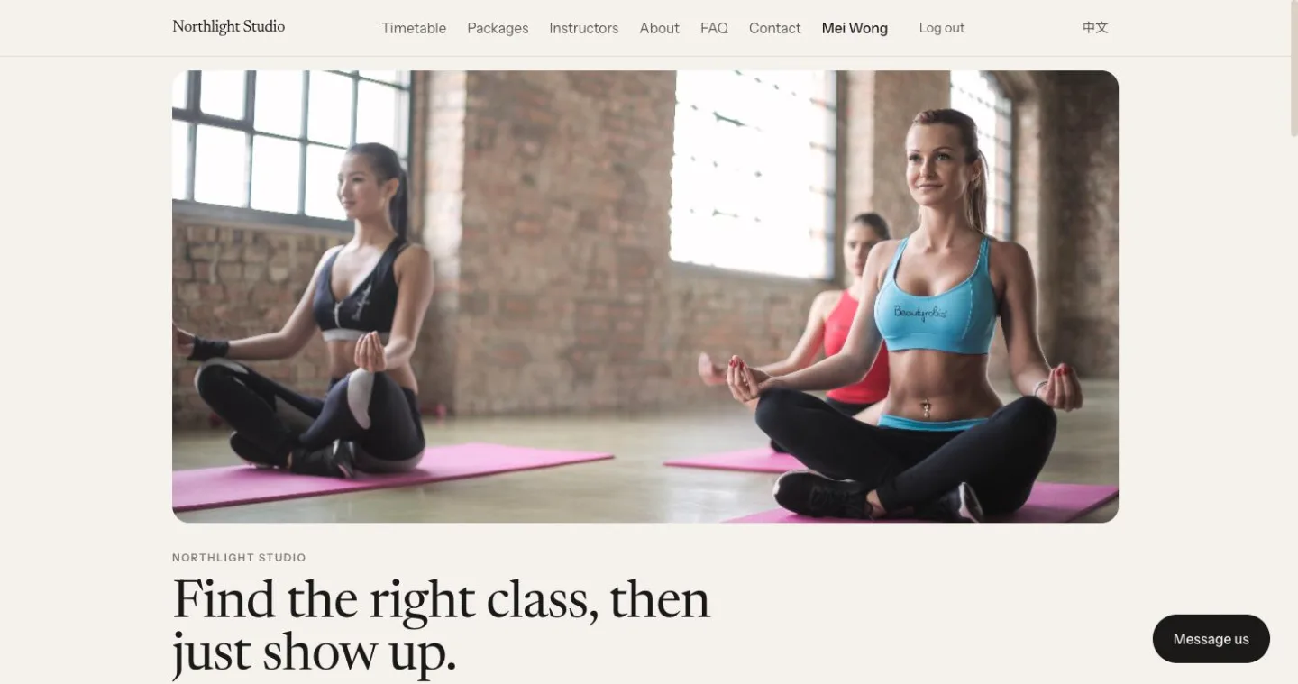 Class booking public site for a sample movement studio, with a photograph and the headline Find the right class, then just show up