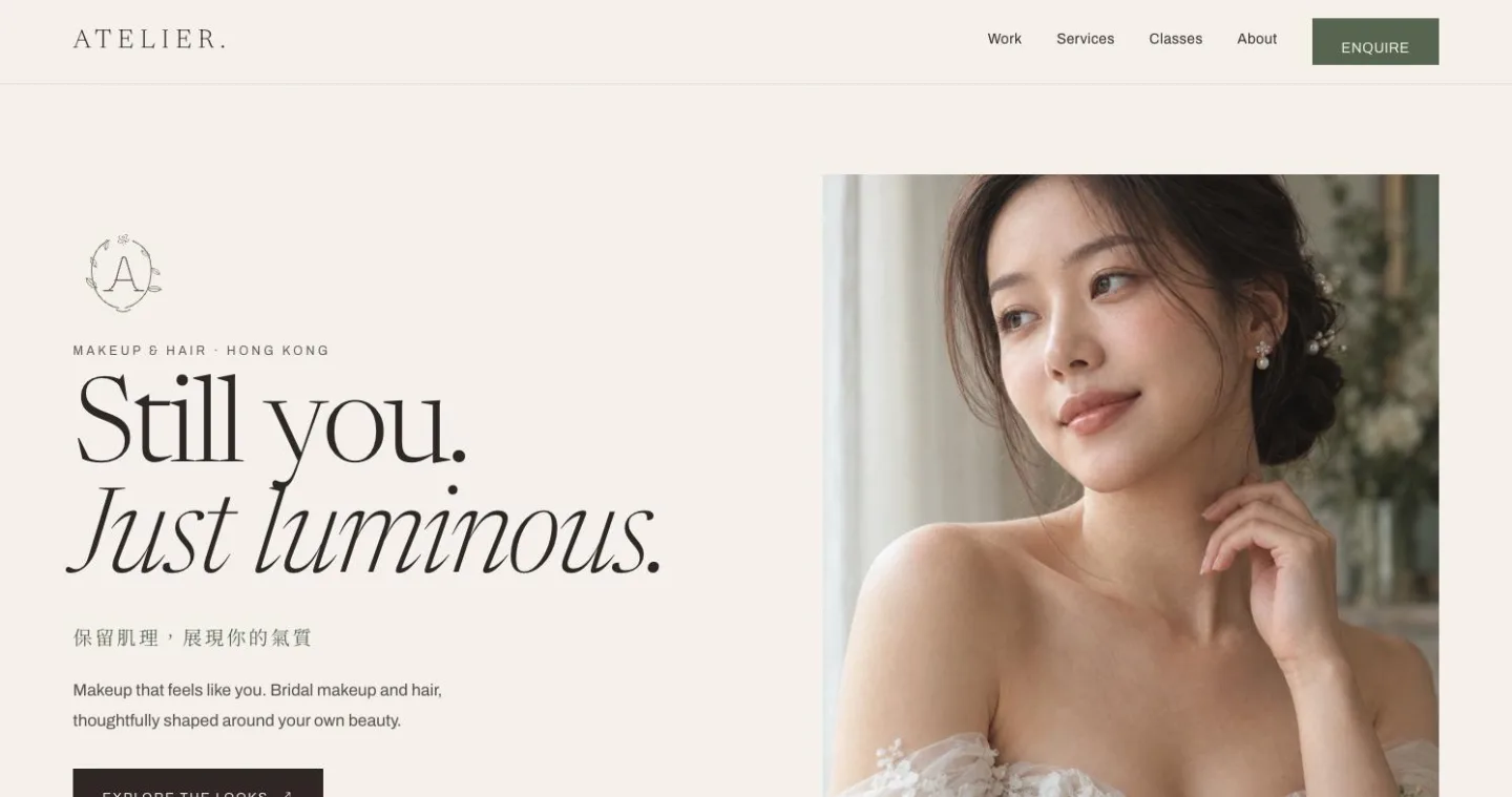 Bridal makeup artist site with the headline Still you. Just luminous, beside a portrait of a bride